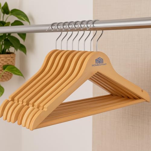 Image of Homestrap Premium Round Bar Wooden Hanger (Pack of 8)| Durable Wooden Garment Hangers with Cut Notches & 360 Degree Swivel Chrome Hook for Hanging Heavy Clothes