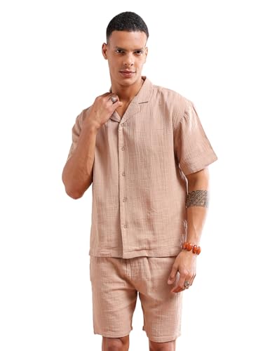 Image of The Indian Garage Co Men Regular Fit Solid Resort Wear Shirt & Boxers Co-ords Set