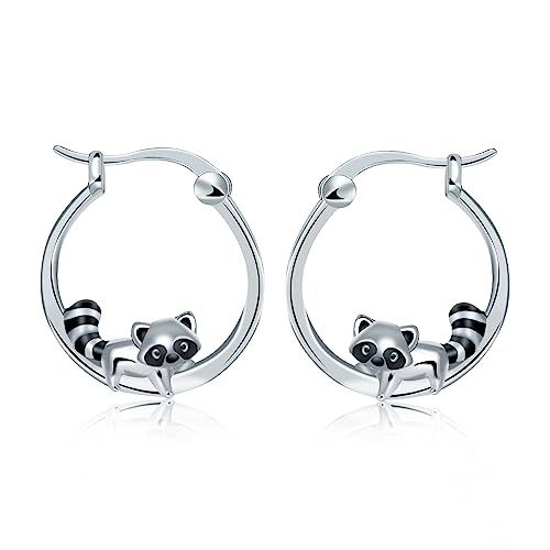 Qings Pendientes Aro de Mapache para Mujer, Plata de Ley 925 Pendiente Pequeño Mapache Lindos Aretes de Animales con Esmalte Negro, Bonitos Joyería de Regalo de Cumpleaños para Niñas