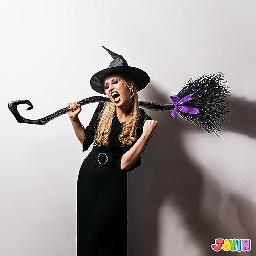 Image of JOYIN 55'' Halloween Witch Broom Cane with Ribbons, Witches Broomstick for Kids Women Wizard Costume Parties, Photo Booth Accessory Stage Prop, Halloween Decorations