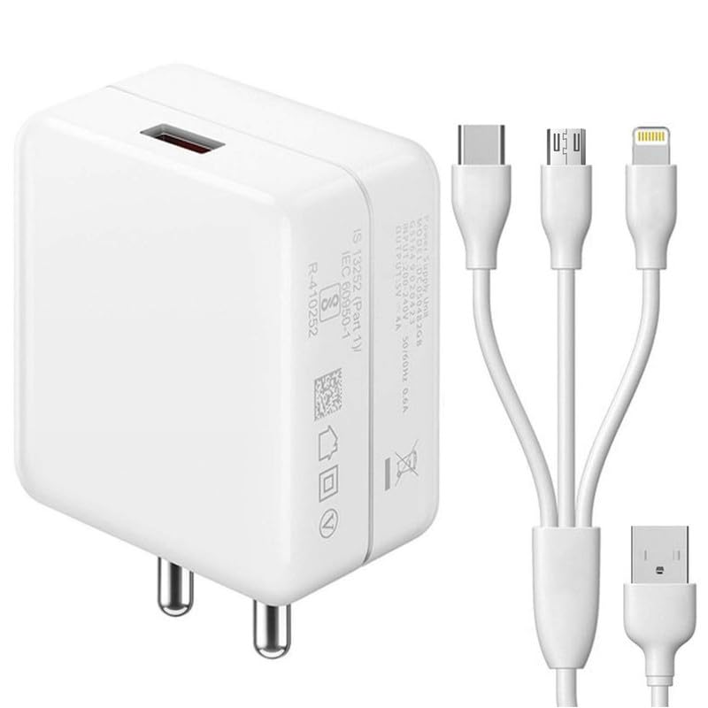 80W Charger for Apple iPhone 12 Single USB Port High Speed Turbo Charge QC 3.0 Smart with 1.2m 3-in-1 Multi Cable Micro USB Android iOS Type-C USB Cable (White, Dash, SE.AG)