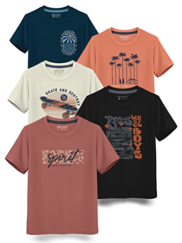 Image of HELLCAT Boys Round Neck Printed Blended Cotton Tshirt -Combo Pack of 2 - Orange /Blue