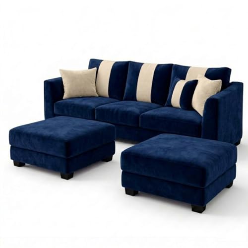 Image of Vero 5 Seater L Shape Sofa Set with 2 Movable Ottomans | Flexible Layout | Luxury Velvet Suede Fabric | Modern Living Room Sofa | Dark Blue