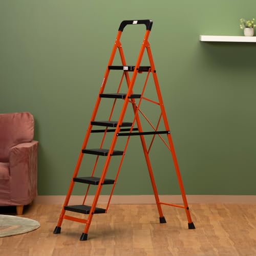 Image of BonKaso Climb Easy 6 Step Heavy Duty Foldable Steel Kitchen Ladder for Home, Office & Outdoor Use with Anti-Slip Wide Steps, Support Handle & Tool Tray (Orange & Black)