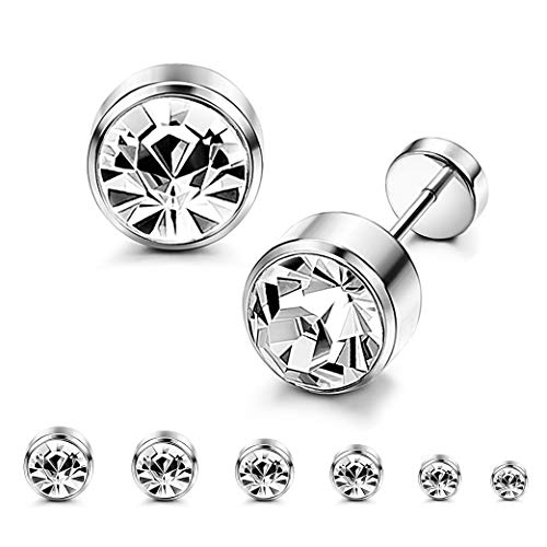 ORAZIO 6 Pairs Stainless Steel CZ Stud Earrings for Women Cartilage Stud Earrings Screwback Silver Tone 3-8mm