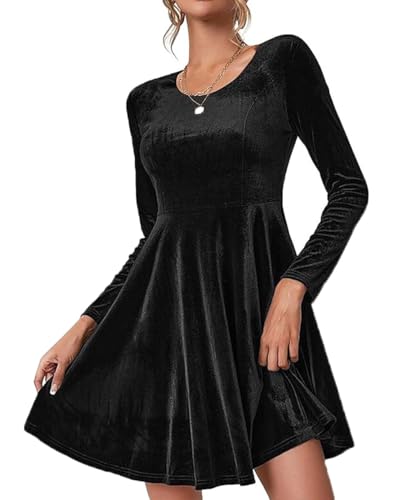ABINGOO Mujer Terciopelo Vestido Elegante Manga Larga Cóctel Vestido Fiesta Bodycon A-Line Vestido Cuello Redondo Mini Vestido(Negro,S)