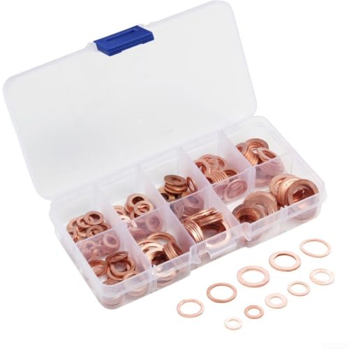 200 Pieces Copper Crush Washers Assortment M5-M14 Flat Ring Seals Oil Sump Gasket Kit for Vehicles Engines Generators Machinery Factories High Conductivity Boxed Set