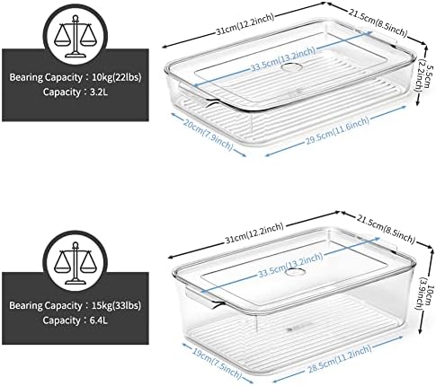 EZOWARE 6 Pack Stackable Clear Refrigerator Organiser Bins with Lid, Plastic Storage Box for Kitchen Cabinet, Pantry Organisation, Fridge, Freezer - 2 Sizes