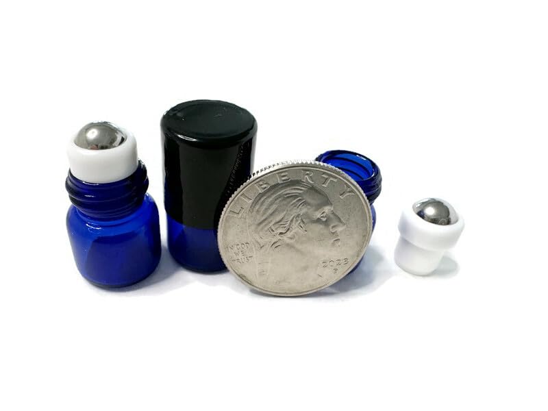 COBALT BLUE 1ml Glass Micro Mini Roll on Roller Bottles with Stainless Steel Roller Balls and Flat Black Caps 144 each.