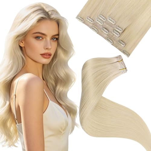 Image of LaaVoo Clip in Hair Extensions Real Human Hair Blonde Hair Extensions Clip ins Bleach Blonde Human Hair Clip in Extension 12 Inch 5pcs 80g