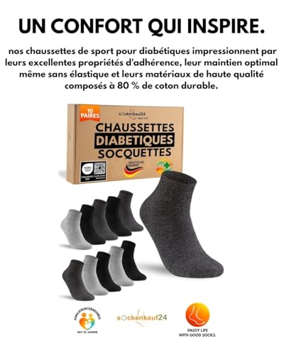 10 Paires Chaussettes Diabetiques Homme 39-42 Femme Socquettes Basses Coton sans Elastique & sans Couture Noir Gris – vue 6