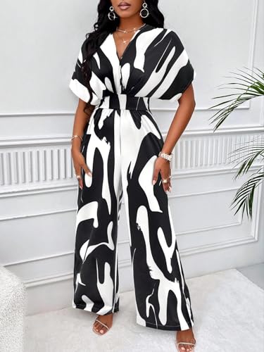 Image of PerZeal Women's V-Neck Short Sleeve Printed Jumpsuit with Pockets - Casual Wide Leg One-Piece Romper for Summer(S-XXL)