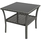 Outsunny Table d'appoint de Jardin en résine tressée 2 Niveaux, 50 x 50 x 45 cm, Table Basse de Jardin carrée avec Plateau en Verre trempé, Structure en Acier galvanisé pour extérieur, Gris