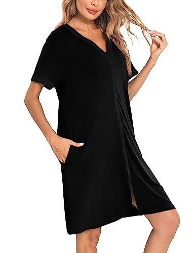 SWOMOG Women Zipper Front House Coat Short Sleeves Robe Zip up Bathrobes Short Nightgown with Pockets S-3XL3