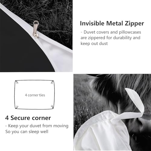 Linge de lit imprimé Highland Cattle 200x200 parure grise avec zip - 8