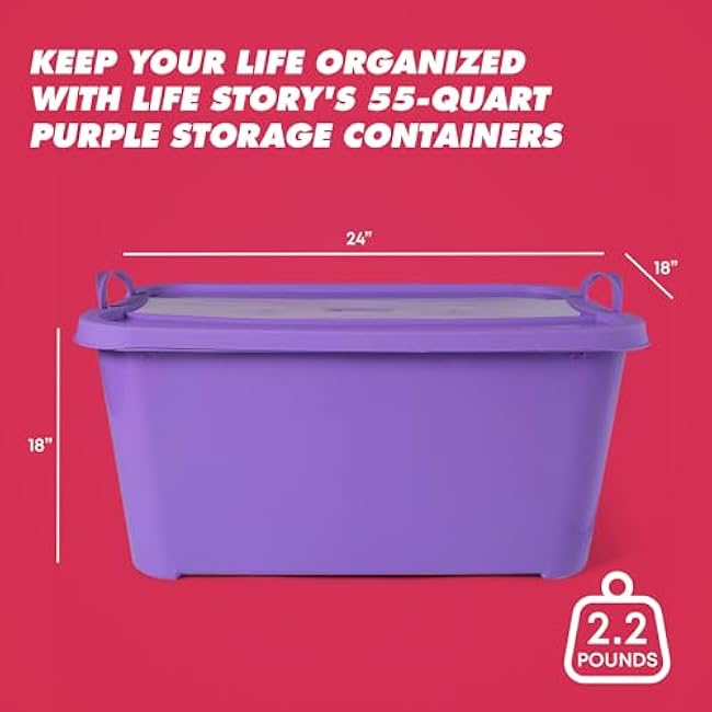 Life Story 6-Pack Stackable Plastic Storage Bins w/Handles & Snapping Lids, 55 Qt., Purple