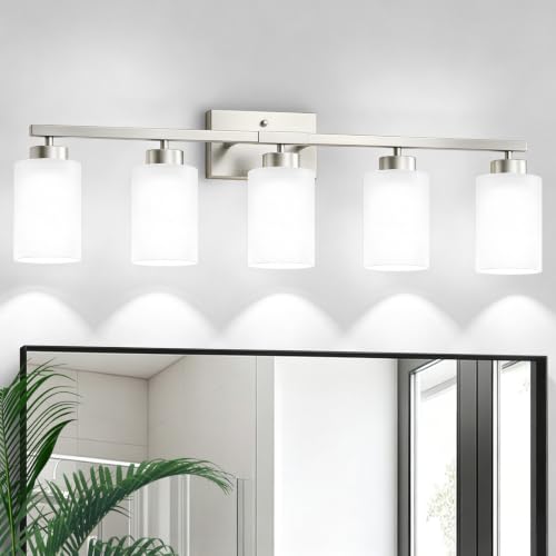 Image of IZORRO Bathroom Light Fixtures, Modern Vanity Lights, Bathroom Lighting Fixtures Over Mirror with Milky White Shade, Wall Sconce for Living Room Cabinet Bedroom (Brushed Nickel, 5-Light)