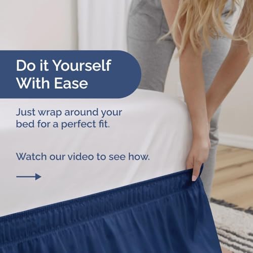 Image of Bed Skirt - Wrap Around Dust Ruffle Bed Frame Cover with Easy Fit Elastic Strap, Queen Size 15 Inch Drop, Microfiber Pleated, Machine Washable | Navy Blue