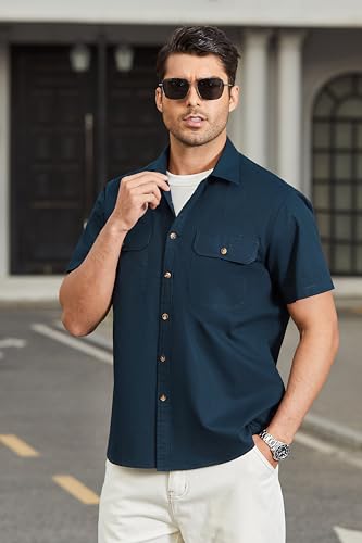 HISDERN Mens Short Sleeve Button Down Shirts Work Casual Button Up Relaxed Fit Summer Shirt with Two Pockets3