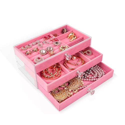 Image of Birch & Co. Jewellery Box - 3 Layer Jewellery Organizer Storage Box, Portable Travel-Friendly Storage. Elegant Storage Case for Rings, Earrings, Necklaces & Bracelets, Pink