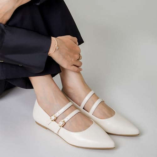 Image of Trary Flats for Women Mary Jane Shoes Women Closed Pointed Toe Ballet Flats Comfortable Slip on Dressy Adjustable Strap Cute Walking Office PU Leather Mary Janes Flat Shoes