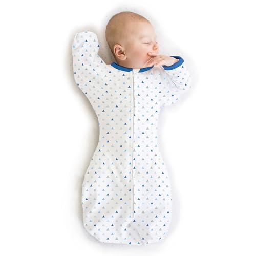 Image of SwaddleDesigns Transitional Swaddle Sack, Arms Up Half-Length Sleeves & Mitten Cuffs, Swaddle for Newborn Transition to Baby Sleep Sack Wearable Blanket, Med, 3-6 Month, 14-21 lb, Blue Tiny Triangles