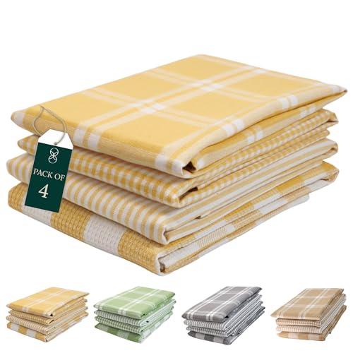 Cloud Scape Linen Kitchen Towels Set - Pack of 4 Multiweave 100% Cotton Kitchen Towels - 71x46 cm - Highly Absorbent and Quick Dry Dish Towels Perfect Kitchen Hand Towels Yellow