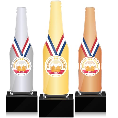 Cunno 3 Pcs Beer Trophies Awards Acrylic Beerpong Trophies Medals 5.91 Beer Party Game Prizes 1st Place Gold 2nd Place Silver 3rd Bronze Party Decorations
