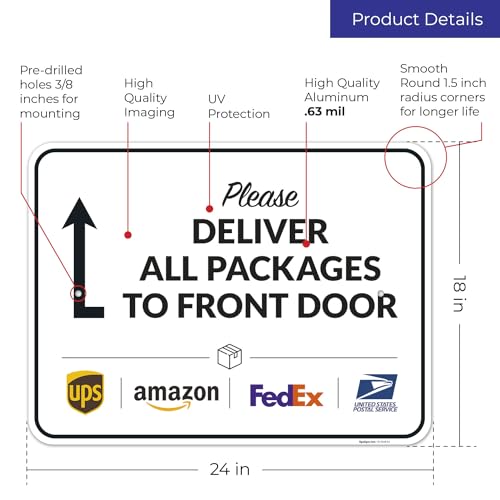 Image of Package Delivery Sign, Delivery Instructions Deliver All Package to Front Door Up Arrow Sign, 18x24 Inches, Rust Free .063 Aluminum, Fade Resistant, Made in USA by Sigo Signs