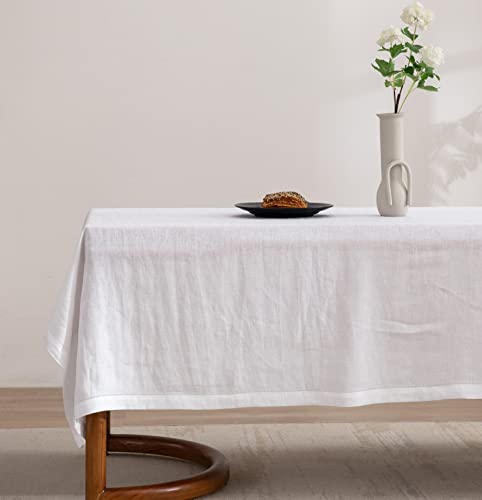 Everly Linen Hemstitch Table Cloth, 100% Stonewashed French Linen Table Cloths For 6-Foot Rectangle Tables, Washable Thanksgiving Tablecloths, Decorative Halloween Table Cloth(White, 60 * 84”) #TOP20