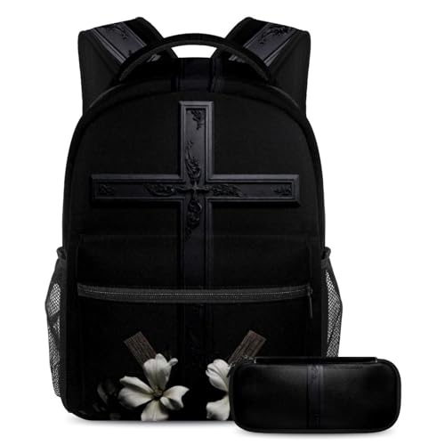 Sac à dos de grande capacité avec trousse assortie ensemble de 2 pièces motif croix noire