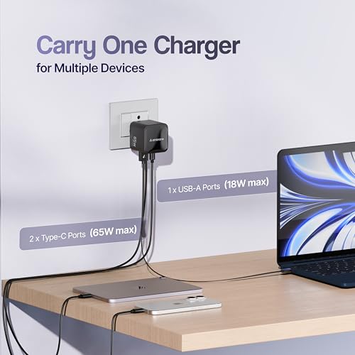 Image of Ambrane 65W GaN Superfast Wall Charger with Type-C Cable, 2 Ports (1 USB & 1 Type C) 65W Output Compatible with iPhone, Samsung, MacBook & Type-C Laptop, OnePlus, Nothing (Charge 65,Black)