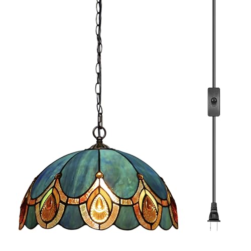 HWDFEI Tiffany Pendant Light Plug in Stained Glass Hanging lamp 12X12X181 Inch Hanging Lamp Living Room Bedroom Kitchen Dining Room Office(Peacock Crystal Style