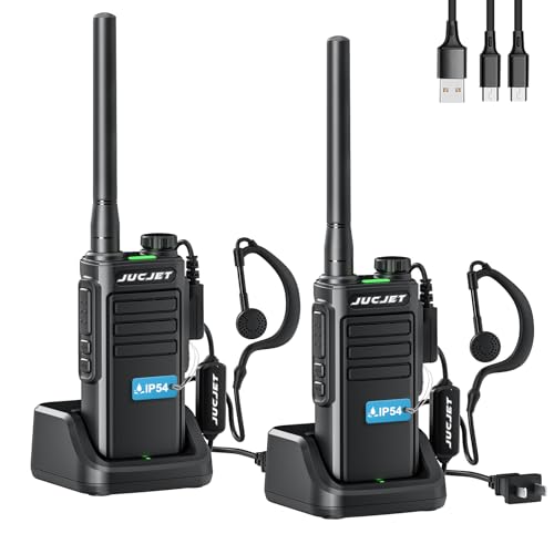 JUCJET EP31 PMR446 Walkie Talkies, IP54 Waterproof Rechargeable Walkie Talkies with 22 Kanäle, 2-in-1 TPYE C Charging Cable, mit USB-Ladestation, Original Earpieces.(Schwarz, 2 Stück)