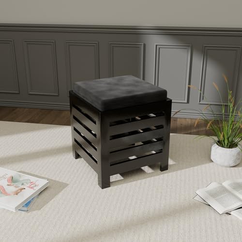 Image of ETIQUETTE ART Cushion Wooden Stool - Square Table For Office, Kitchen, Or Bedside With Black Cotton Cover