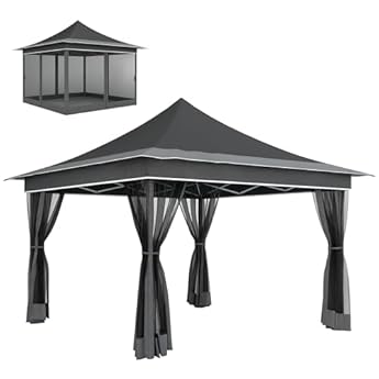 Foto di Outsunny Gazebo Pieghevole 3.6x3.6 m Pop Up ad Altezza Regolabile a 3 Livelli con Zanzariera e Borsa da Trasporto, Gazebo da Esterno in Metallo e Oxford, UV50+, per Giardino, Feste, Grigio Scuro