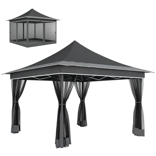 Outsunny Gazebo Pieghevole 3.6x3.6 m Pop Up ad Altezza Regolabile a 3 Livelli con Zanzariera e Borsa da Trasporto, Gazebo da Esterno in Metallo e Oxford, UV50+, per Giardino, Feste, Grigio Scuro
