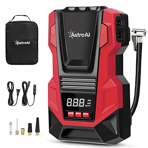 AstroAI 2 in 1 Kompressor Auto, Luftpumpe Auto 12V 230V, 10,3 Bar Autoreifen Pumpe mit AC/DC-Dual-Stromversorgung und Langlebiger Metallmotor für Autos,Fahrräder, Motorräder, Bälle, Rot