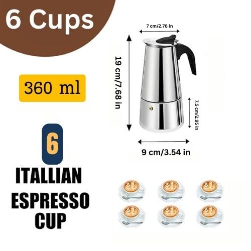 Image of Stainless Steel Stovetop Espresso Maker Italian Style Moka Coffee Pot with Ergonomic Handle, 2-4-6 Cup Capacity, Durable & Easy-to-Use for Rich, Full-Bodied Coffee at Home (6 Cups)