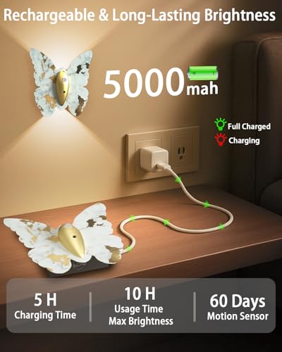 Image of Eneru Motion Sensor Wall Sconce Set of 2, Rechargeable Wall Lights, Indoor | 5000mAh Battery Operated Wall Sconces, Magnetic Butterfly Motion Night Light for Hallway Stair Closet Pantry, White & Gold