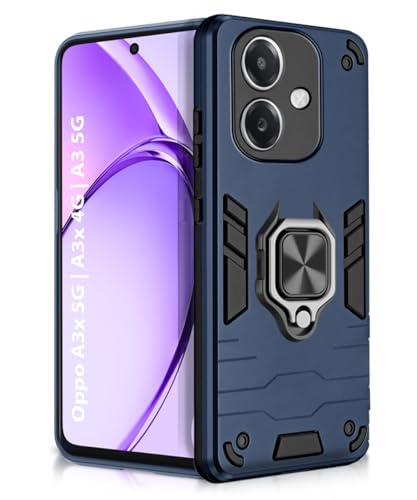 Image of WOW IMAGINE Shock Proof Back Case Mobile Cover for Oppo A3x 5G | A3x 4G | A3 5G | Back Cover Case (Tough Armor | Hybrid PC + TPU | Ring Holder & in-Built Kickstand | Blue)