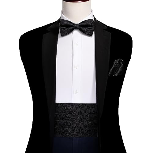 Image of Barry.Wang Men Silk Paisley Cummerbund and Pre-tied Bowtie Handkerchief Cufflink Set for Tuxedo