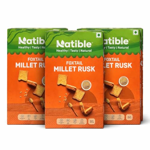 Natible Foxtail Millet Rusk-Crispy & Crunchy Tea-Time Toast | Made with Foxtail Millet (Kangni) Flour, Wheat Flour & Cardamom | No Maida Rusk Biscuit | High Fiber Snack | 220 (Pack of 3)