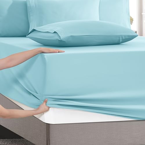 Image of Mocassi Luxury 6-Piece Sheet Set, Ultra Soft 1800 Premium Hotel Quality Microfiber Sheet Set, Fits Mattresses Up to 18 to 24 Inches Extra Deep Pocket - Breathable and Secure Fit, Full, Aqua Blue