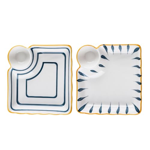 Platos de cerámica cuadrados con compartimento para salsa, 2 piezas miniatura 1