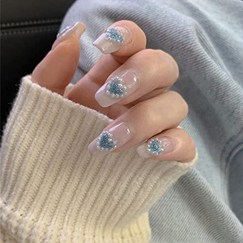 IMSOHOT Medium Square Press on Nails Glossy Fake Nails with Glue Glitter Rhinestones Squoval False Nails Blue Heart Acrylic Nails