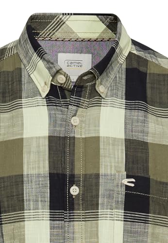 camel active Men's Herren Kariertes Kurzarmhemd aus Reiner Baumwolle Khaki, Menswear-m T-Shirt, M