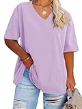 Fisoew Women's Plus Size V Neck T Shirts Summer Half Sleeve Tees Casual Loose Fit Cotton Tunic Tops Lavender