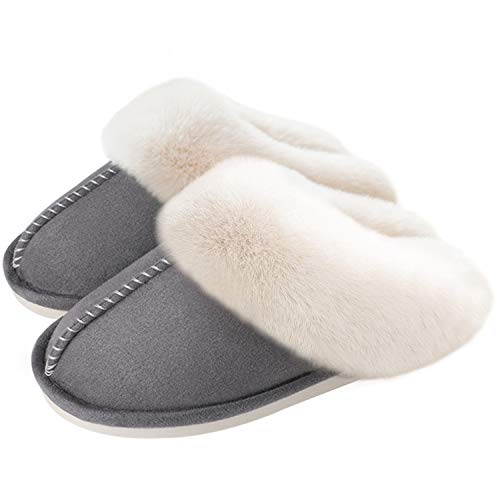 ORPAPA Pantoufles pour femme avec doublure en polaire pelucheuse pour intérieur et extérieur avec semelle à gravats, gris clair, 35/35.5 EU Cover