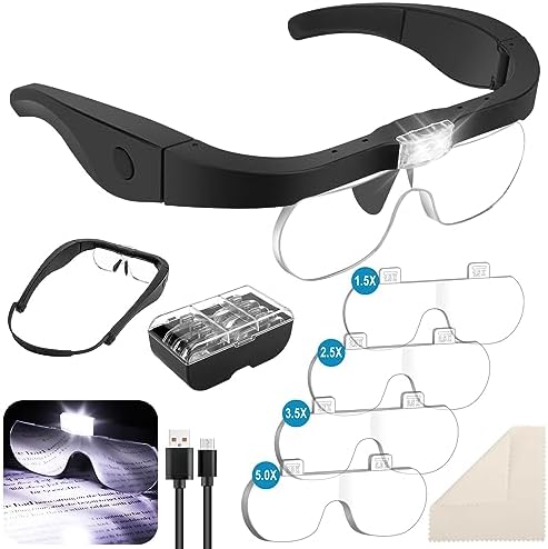 Headband Magnifier With 2 LED Light,Handsfree Headset Loupe Head Mounted Magnifying Glasses 4 Detachable Lenses Reading Electronic Repair Jewelry S Illumi